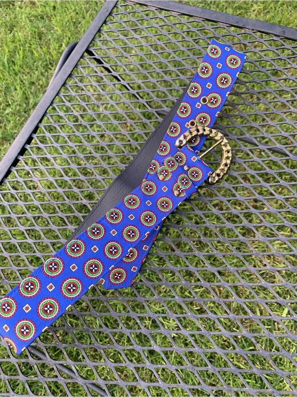 Vintage Blue Patterned Belt with Gold Chain Buckle